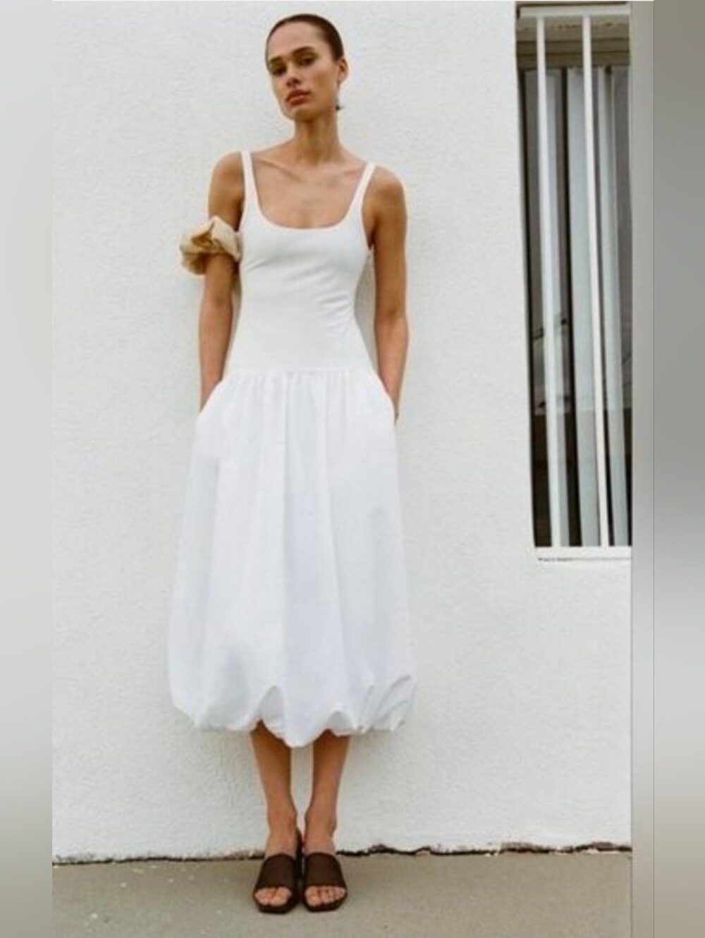 XS Zara White Scoop-Neck Midi Dress with Bubble Hem NEW